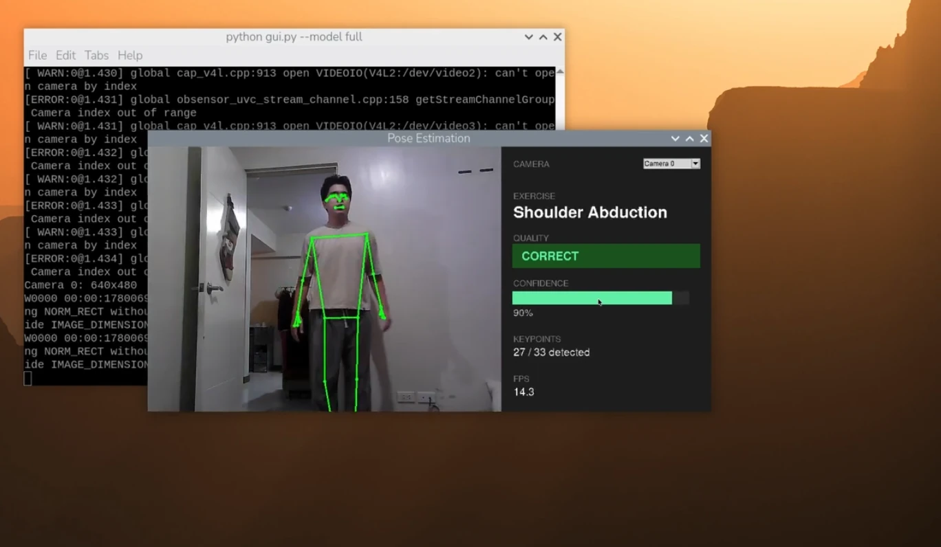 Raspberry Pi desktop showing a live skeleton overlay on a person doing a shoulder abduction, graded correct