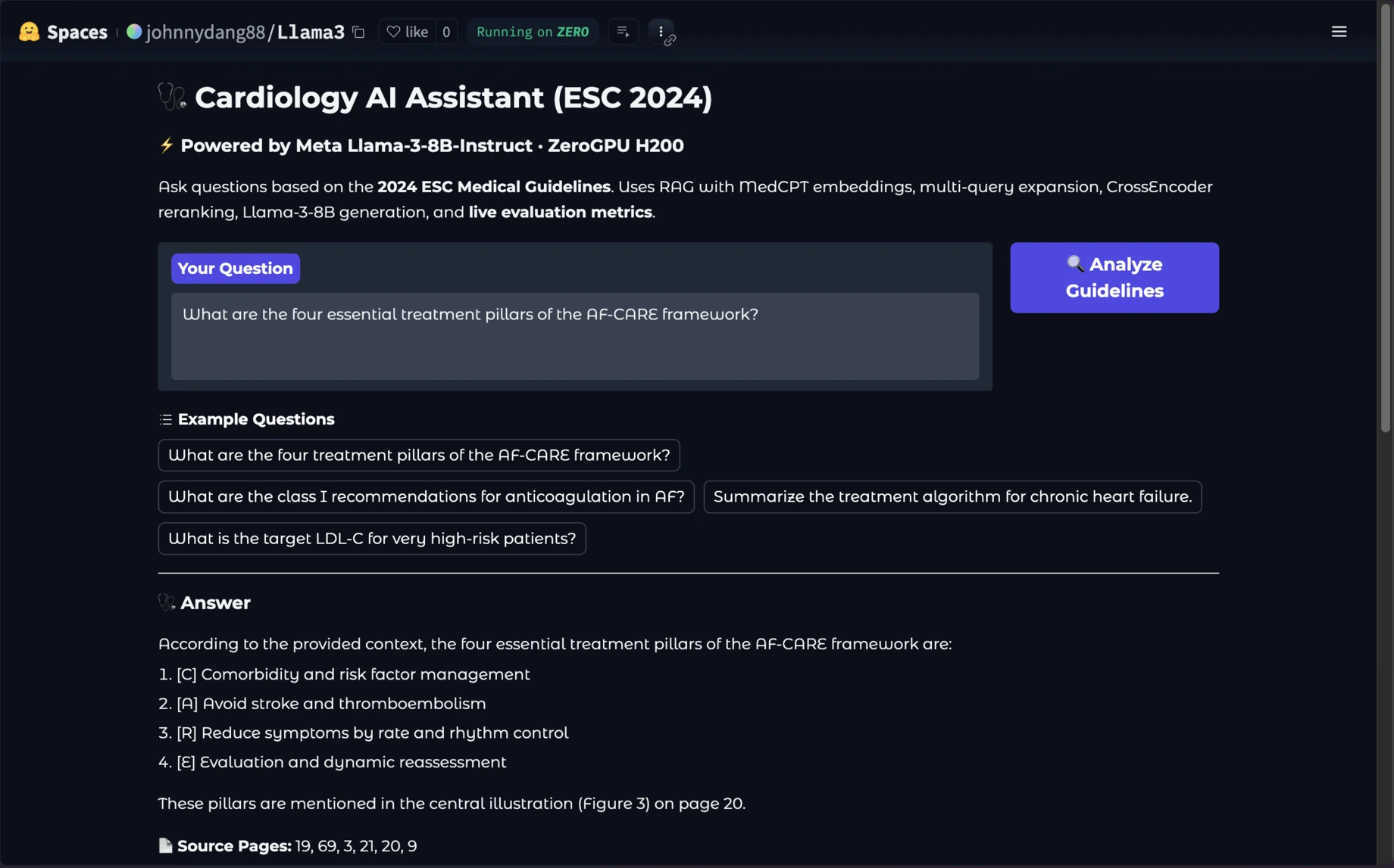 Cardiology AI assistant answering a question about the ESC 2024 atrial fibrillation guidelines, with cited source pages