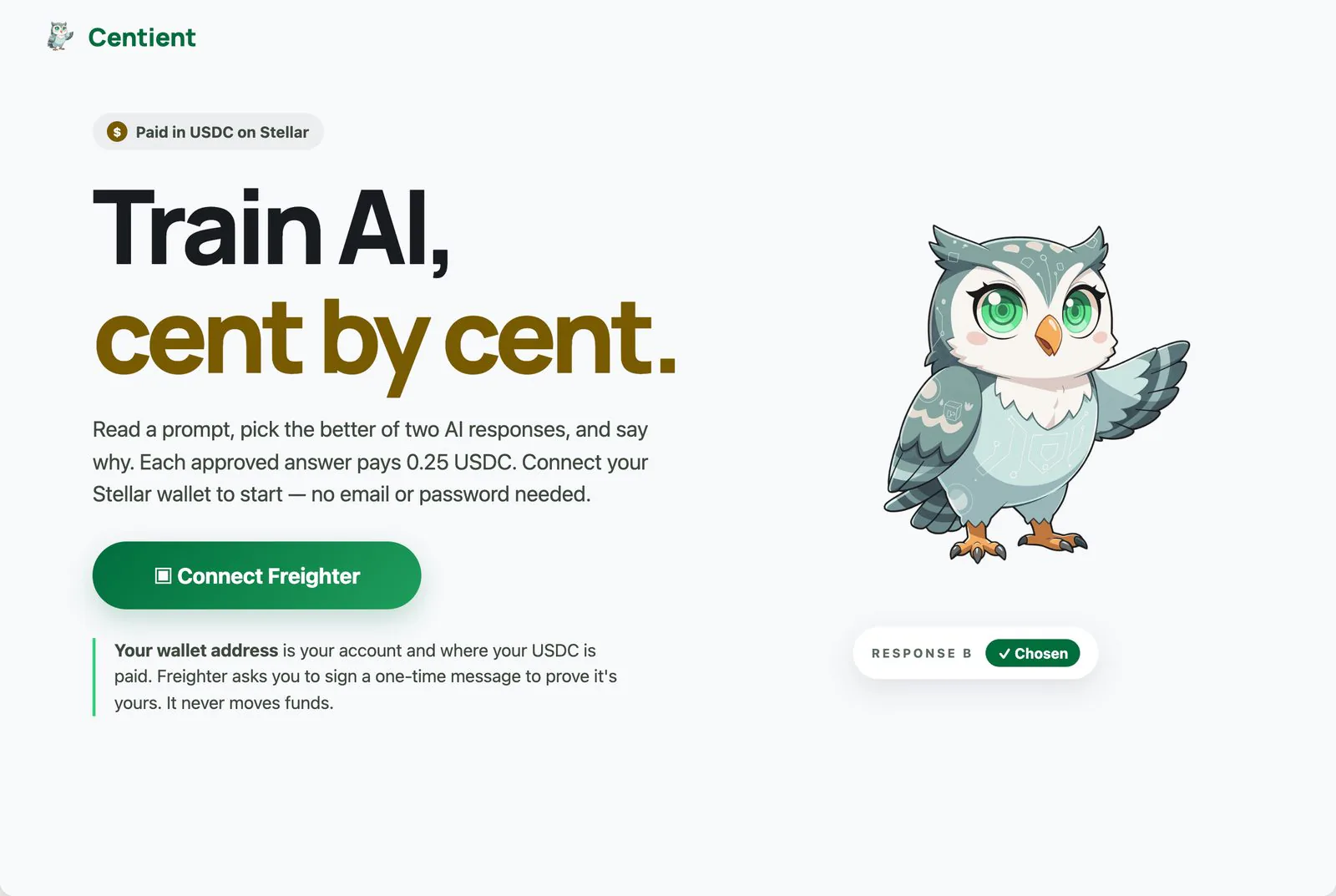 Centient home screen: “Train AI, cent by cent.” with a Connect Freighter button