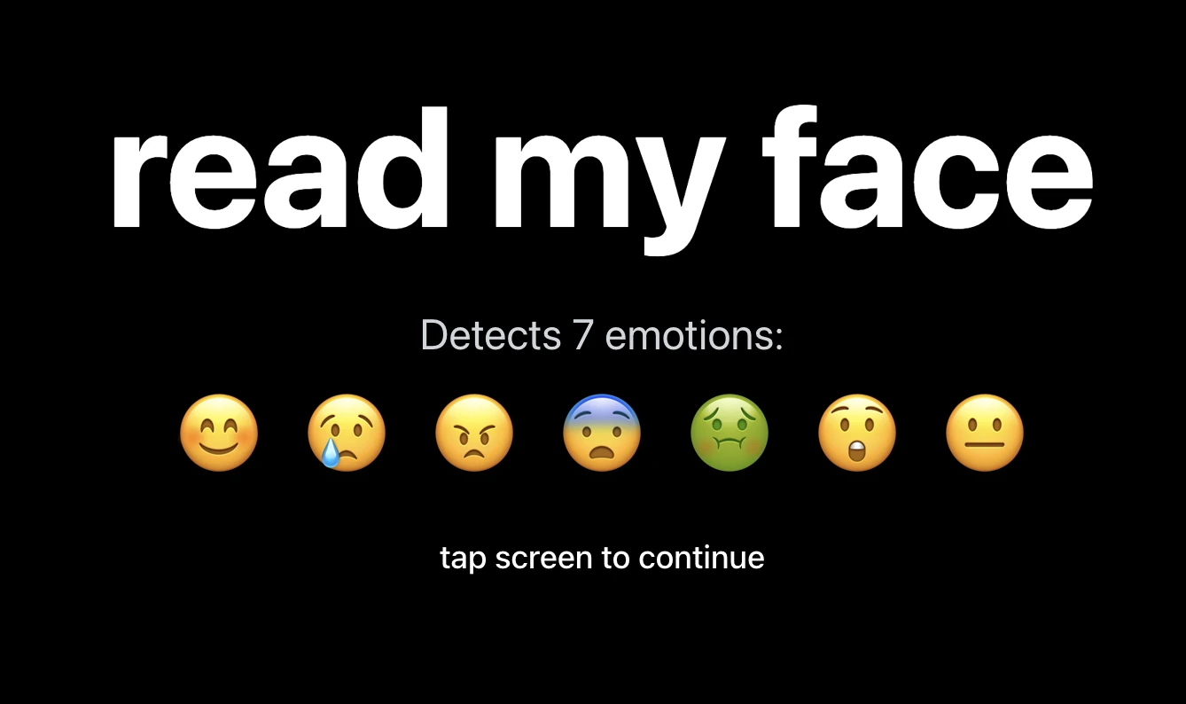 Read My Face start screen listing the seven emotions it detects